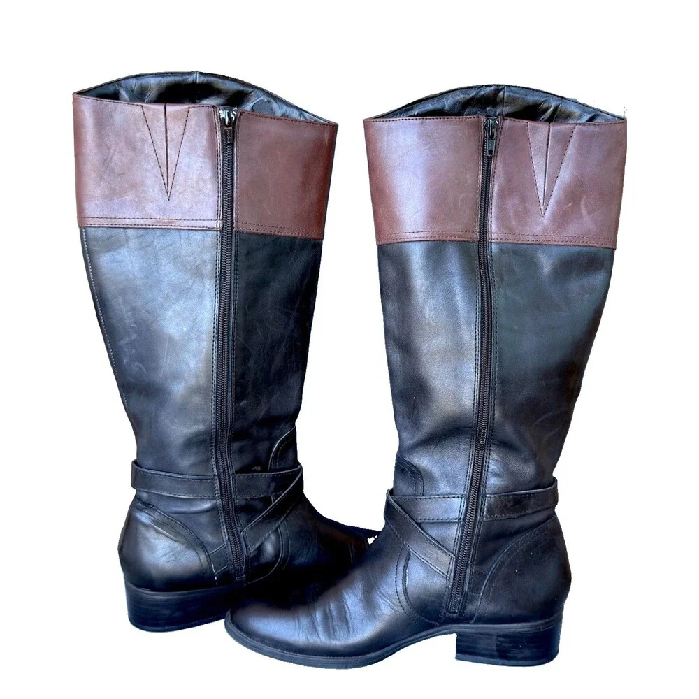 Lauren Ralph Lauren Menna W Leather Wide Calf Riding Boots Black Brown 7.5B